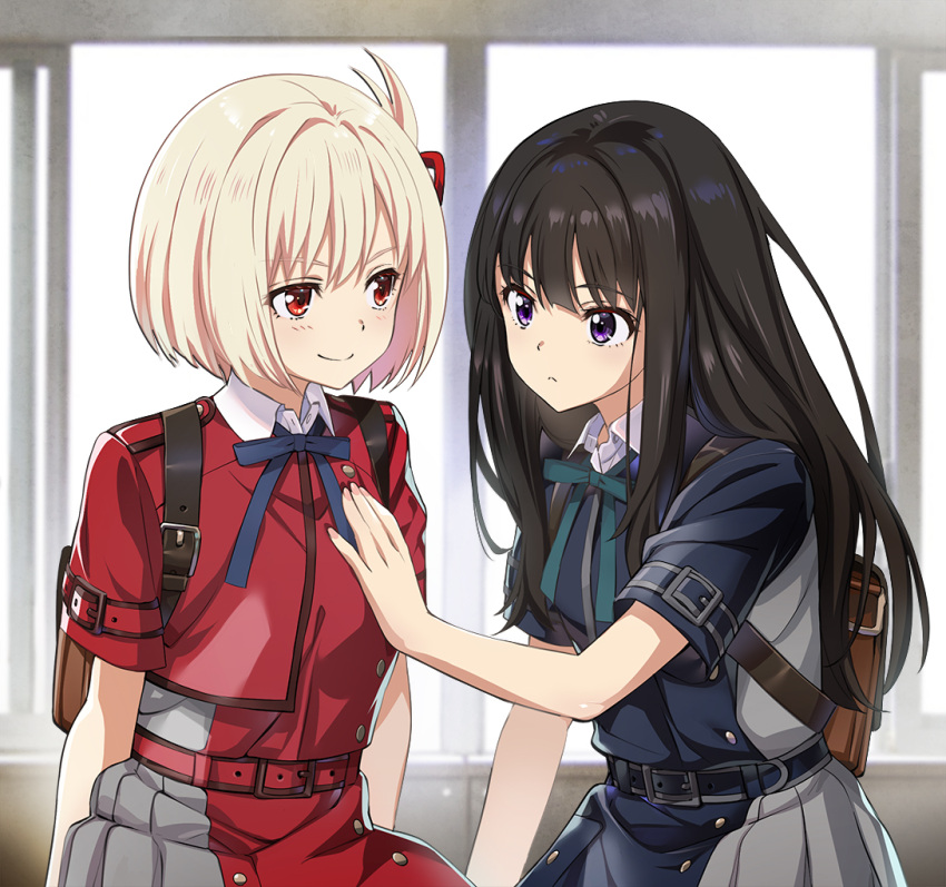 2girls backpack bag bangs black_hair blonde_hair blue_dress blue_ribbon blue_skirt blush bob_cut breast_grab carrying_bag closed_mouth collared_shirt cowboy_shot dress grabbing green_ribbon grey_dress grey_skirt hair_ribbon indoors inoue_takina long_hair long_sleeves looking_at_another lycoris_recoil lycoris_uniform multiple_girls neck_ribbon nishikigi_chisato nyoro_(nyoronyoro000) pleated_skirt purple_eyes red_dress red_eyes red_ribbon red_skirt ribbon shirt short_hair sitting skirt smile two-tone_dress two-tone_skirt uniform white_shirt window yuri