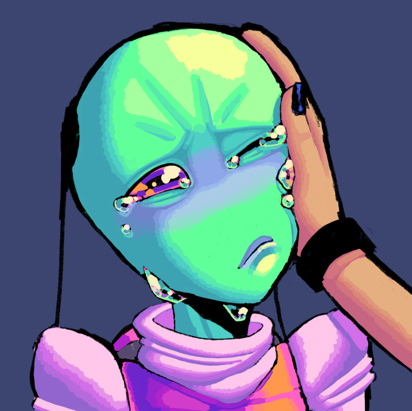 alien alien_humanoid antennae_(anatomy) bald blue_lips blush bodily_fluids bracelet clothing colored colored_nails crying dib_membrane dreamscreep duo frown glistening glistening_body glistening_eyes glistening_skin green_body green_skin hand_on_face hi_res human humanoid invader_zim irken jewelry lips male mammal nails nickelodeon not_furry one_eye_closed pink_clothing pink_eyes romantic sad shaded sweater tears topwear turtleneck zim