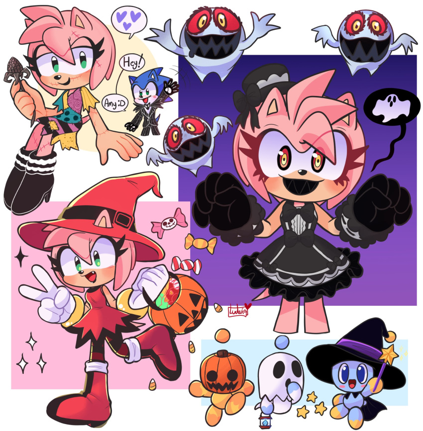1boy 1girl amy_rose black_dress black_headwear black_lips black_teeth boots candy chao_(sonic) dress fangs food frankenstein's_monster ghost gloves halloween halloween_bucket halloween_costume hat heartludwig highres lantern lipstick makeup patchwork_clothes possessed pumpkin red_dress smile socks sonic_(series) sonic_the_hedgehog speech_bubble stitches striped striped_socks undead v watermark white_gloves witch witch_hat wizard wizard_hat