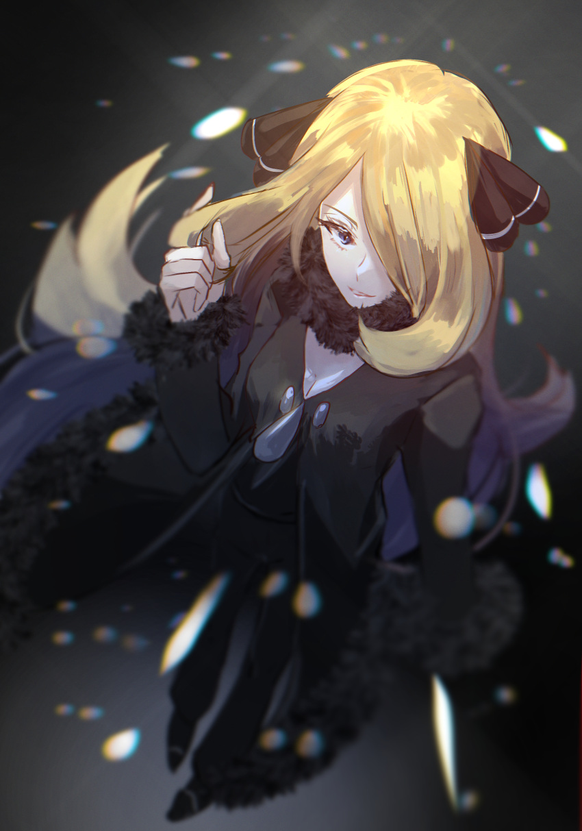 1girl absurdres black_coat black_footwear black_pants black_shirt blonde_hair breasts cleavage coat cynthia_(pokemon) full_body fur-trimmed_coat fur_collar fur_trim grey_eyes hair_ornament hair_over_one_eye hand_in_own_hair highres long_hair looking_at_viewer pants pokemon pokemon_(game) pokemon_dppt shirt smile solo ssn_(sasa8u9r) v-neck very_long_hair