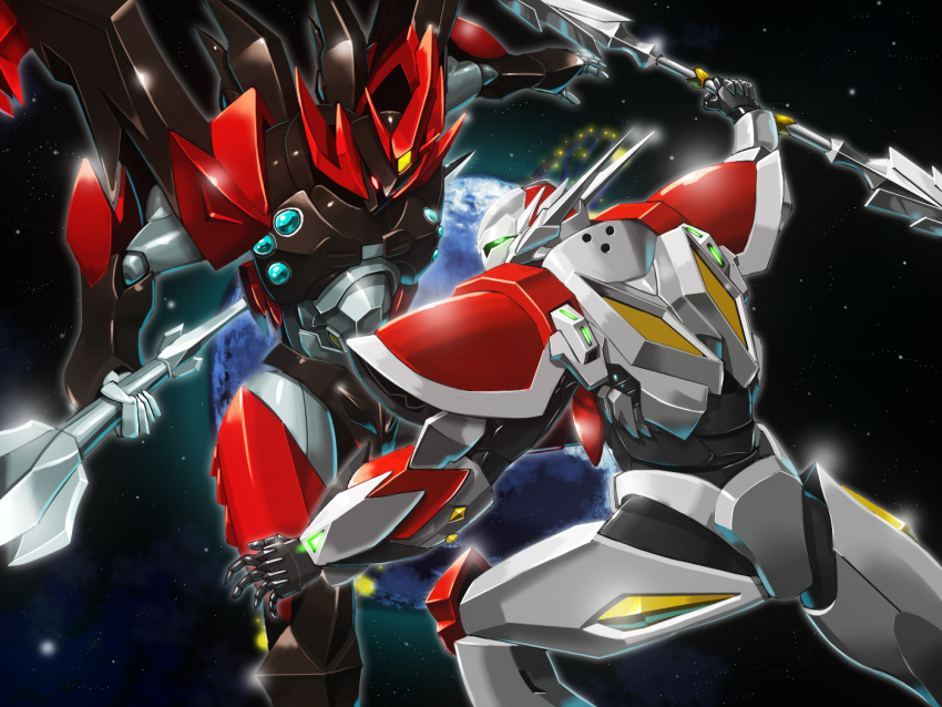 armor d-boy earth_(planet) holding holding_weapon lance moyashi_(karamisouma) planet polearm power_armor power_suit spear tekkaman_blade tekkaman_evil weapon