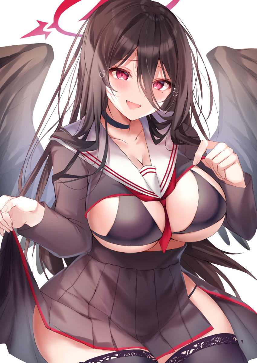 1girl absurdres bangs bare_shoulders black_choker black_hair black_serafuku black_shirt black_skirt black_thighhighs black_wings blue_archive blush breasts choker cleavage collarbone feathered_wings halo hasumi_(blue_archive) highres large_breasts long_hair long_sleeves looking_at_viewer mole mole_under_eye neckerchief nenobi_(nenorium) open_mouth pleated_skirt red_eyes red_neckerchief sailor_collar school_uniform serafuku shirt skirt smile solo thighhighs thighs white_sailor_collar wings