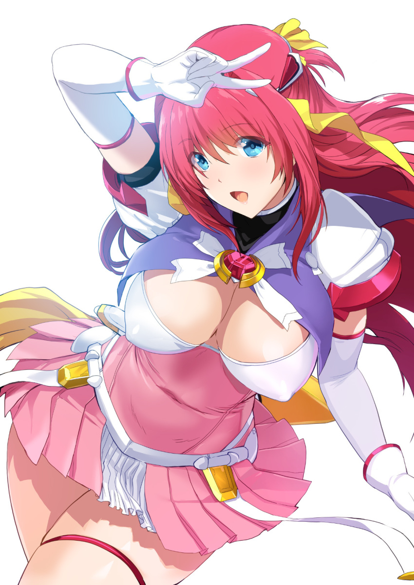 1girl beat_angel_escalayer blue_eyes breasts cleavage_cutout clothing_cutout elbow_gloves escalation_heroines escalayer gloves hair_intakes hair_ribbon highres long_hair medium_breasts official_art onigirikun open_mouth pleated_skirt puffy_short_sleeves puffy_sleeves red_hair red_skirt ribbon short_sleeves simple_background skindentation skirt smile v white_background white_gloves