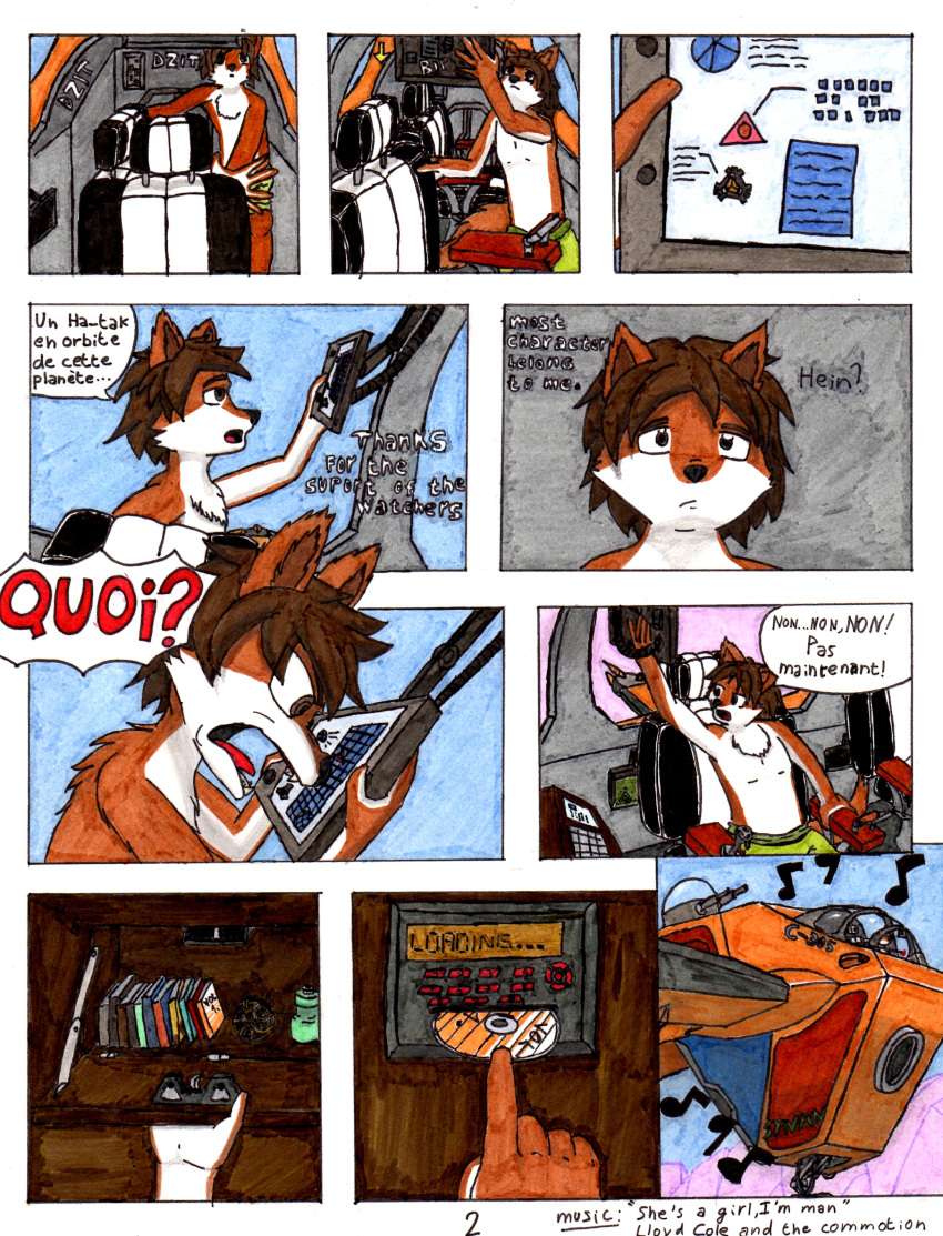 absurd_res adrien_warmher alien_planet anthro artesian canid canine canis clothed clothing comic fox french_text hi_res hybrid male mammal musical_note pilot planet solo solo_focus spacecraft stargate text the_adventure_of_xefino topless topless_male traditional_media_(artwork) vehicle wolf xefino