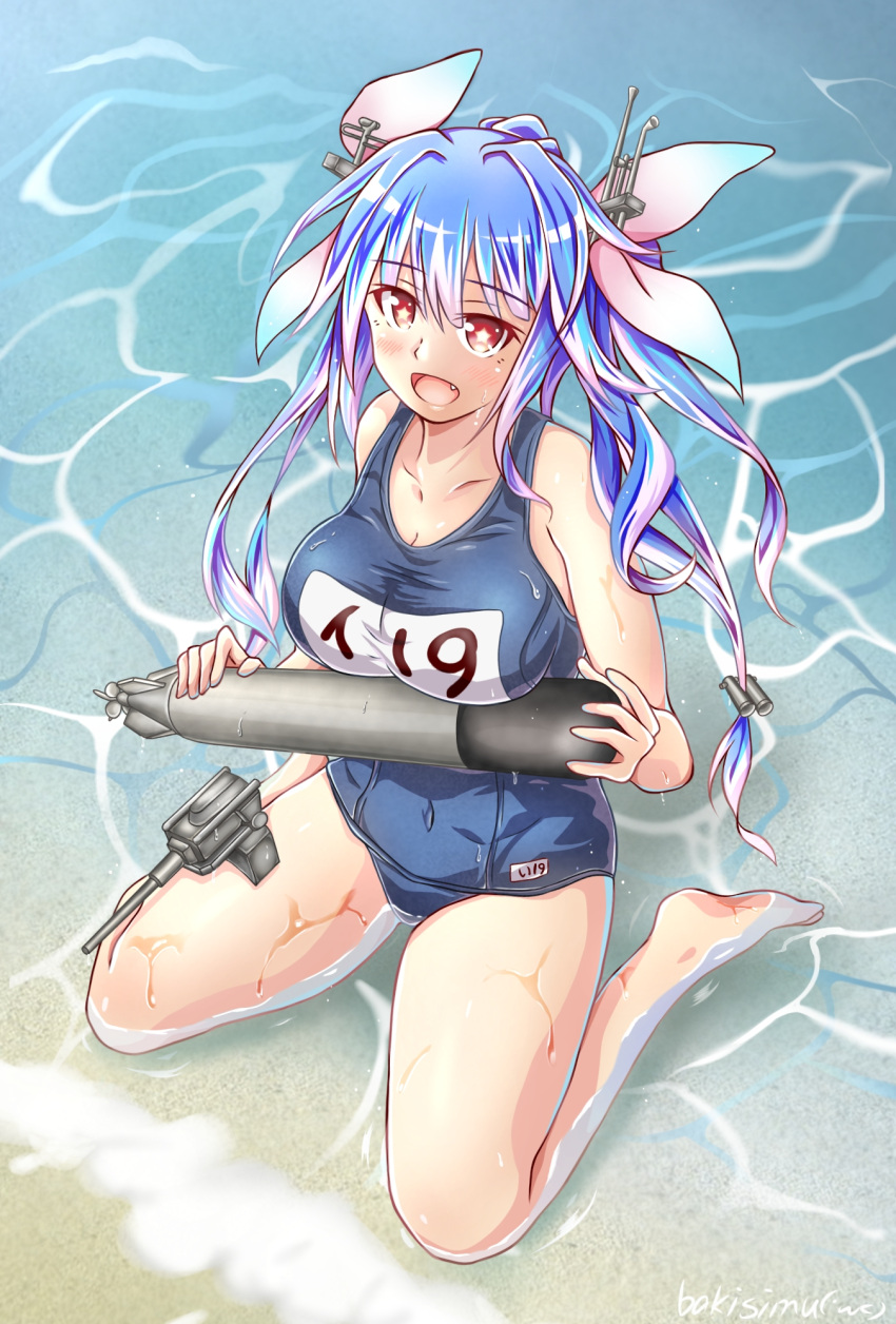 1girl beach blue_hair breasts day flower-shaped_pupils from_above hair_between_eyes hair_ribbon highres holding holding_torpedo i-19_(kancolle) kantai_collection koutetunamekuji large_breasts long_hair looking_at_viewer looking_up name_tag ocean one-piece_swimsuit open_mouth outdoors red_eyes ribbon sand school_swimsuit sitting solo swimsuit symbol-shaped_pupils torpedo tri_tails water