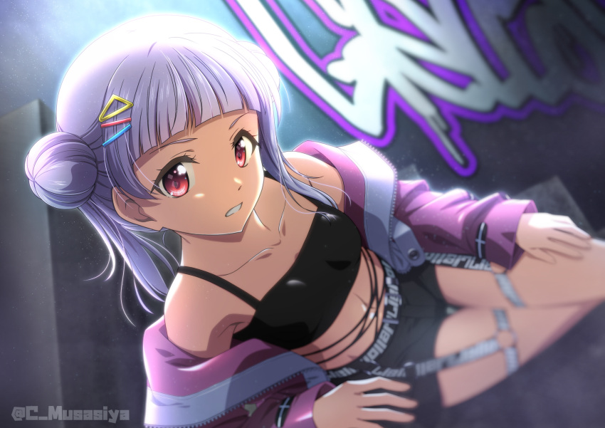 1girl arashi_chisato bangs black_camisole black_shorts blunt_bangs breasts camisole crop_top double_bun hair_bun hair_ornament hairclip highres jacket jacket_partially_removed long_sleeves looking_at_viewer love_live! love_live!_superstar!! musashiya_chougenbou navel open_clothes open_jacket purple_jacket red_eyes short_hair short_shorts shorts small_breasts solo twitter_username white_hair