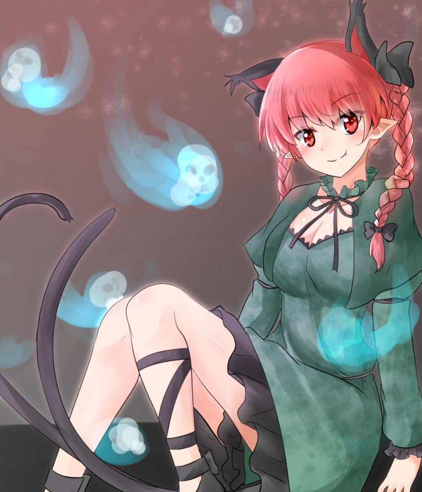 1girl :3 animal_ears blush bow braid breasts cat_ears cat_tail cleavage extra_ears fang fang_out feet_out_of_frame highres kaenbyou_rin knees_together_feet_apart leg_ribbon multiple_tails nekomata oshiaki pointy_ears red_eyes red_hair ribbon sitting smile solo tail touhou twin_braids two_tails