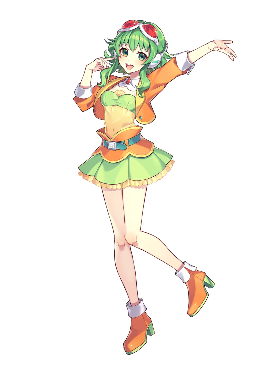 1girl arm_up bare_legs belt brooch frilled_skirt frills full_body goggles goggles_on_head green_eyes green_hair green_skirt green_tube_top gumi gumi_(ai_megpoid) hand_in_own_hair hand_up headphones high_heels highres jacket jewelry layered_skirt looking_at_viewer medium_hair nou_(nounknown) official_art open_mouth orange_footwear orange_jacket orange_skirt outstretched_arm pleated_skirt red_goggles shirt sidelocks skirt smile solo strapless teeth third-party_edit third-party_source transparent_background tube_top upper_teeth vocaloid yellow_shirt