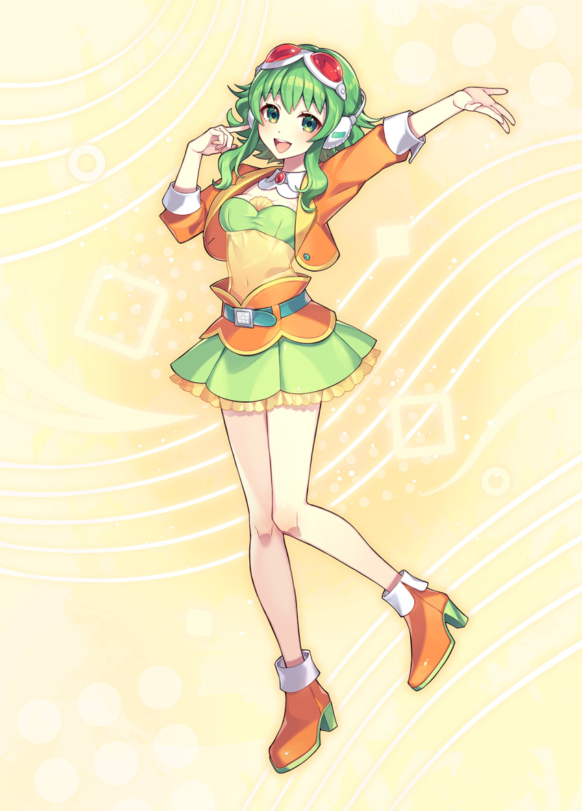 1girl arm_up bare_legs belt brooch frilled_skirt frills full_body goggles goggles_on_head green_eyes green_hair green_skirt green_tube_top gumi gumi_(ai_megpoid) hand_in_own_hair hand_up headphones high_heels highres jacket jewelry layered_skirt looking_at_viewer medium_hair nou_(nounknown) official_art open_mouth orange_footwear orange_jacket orange_skirt outstretched_arm pleated_skirt red_goggles shirt sidelocks skirt smile solo strapless teeth third-party_source tube_top upper_teeth vocaloid yellow_background yellow_shirt