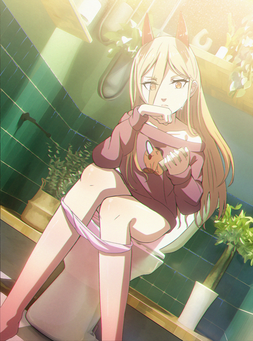 1girl absurdres bathroom blonde_hair chainsaw_man chromatic_aberration cross-shaped_pupils demon_girl demon_horns dutch_angle edgar_syu eyes_visible_through_hair hand_on_own_face head_rest highres horns long_hair no_toilet_paper off-shoulder_sweater off_shoulder orange_eyes panties panty_pull pink_panties pink_sweater plant pochita_(chainsaw_man) potted_plant power_(chainsaw_man) red_horns serious shelf sitting solo sweatdrop sweater tile_wall tiles toilet toilet_paper_tube toilet_use underwear