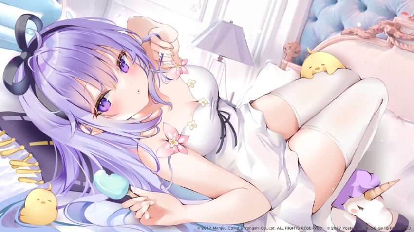 1girl azur_lane bangs bare_arms bare_shoulders black_hairband bow_hairband breasts cleavage commentary dress dutch_angle flower hairband hand_in_own_hair indoors knees_up lamp long_hair looking_at_viewer lying manjuu_(azur_lane) medium_breasts official_art on_back parted_lips pon_(ponidrop) purple_eyes purple_hair sidelocks solo spaghetti_strap strap_slip sundress thighhighs thighs unicorn unicorn_(azur_lane) white_dress white_thighhighs zettai_ryouiki