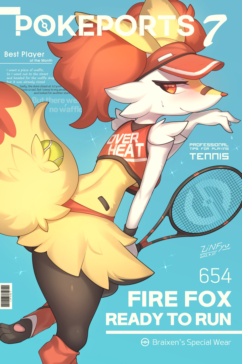 1girl absurdres animal_ear_fluff animal_ears animal_feet animal_nose artist_name back ball bandaid bandaid_on_face bandaid_on_nose barcode black_fur blue_background blush body_fur braixen breasts closed_mouth clothed_pokemon clothes_writing commentary cover crop_top dated dated_commentary english_text fake_magazine_cover feet fox_ears fox_girl fox_tail from_behind fur_collar furry furry_female half-closed_eyes hand_up happy highres holding holding_tennis_racket korean_commentary leg_up looking_back magazine_cover multicolored_fur nose_blush panties pawpads poke_ball_symbol pokedex_number pokemon pokemon_(creature) racket red_eyes red_headwear red_panties red_shirt red_socks shirt signature sleeveless sleeveless_shirt small_breasts smile snout socks solo sparkle standing standing_on_one_leg sweatband tail tennis_ball tennis_racket thighs toeless_legwear underwear visor_cap white_fur yellow_fur zinfyu
