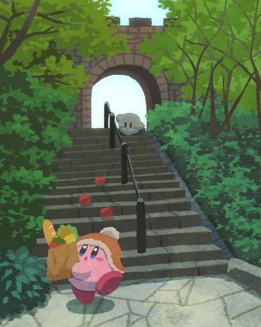 apple bag baguette beanie bread bridge bush cobblestone food fruit grey_sky groceries grocery_bag hat highres kirby kirby_(series) miclot outdoors shadow_kirby shopping_bag stairs tomato tree winter_hat