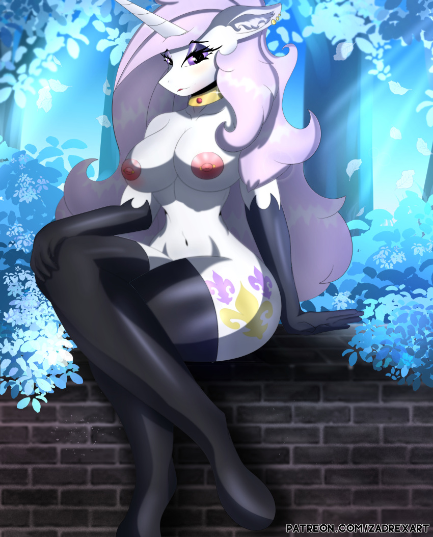 absurd_res anthro big_breasts big_butt blush breasts brick_wall butt choker clothing cutie_mark detailed_background digital_media_(artwork) equid equine female feral fleur_de_lis_(mlp) forest friendship_is_magic fur hair hasbro hi_res horn horse huge_breasts jewelry latex looking_at_viewer mammal markings my_little_pony necklace nipples nude pink_hair plant pony rubber rubber_clothing rubber_suit simple_background sitting smile solo thick_thighs tree unicorn wall_(structure) white_body white_fur zadrex
