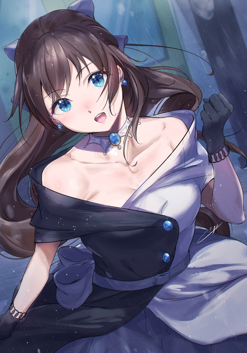 1girl bangs bare_shoulders black_dress black_gloves blue_eyes bow breasts brooch brown_hair buckle choker cleavage clenched_hand collarbone commentary dress dutch_angle earrings english_commentary from_above gloves hair_bow half_updo hand_up head_tilt highres jewelry kuziaaizuk long_hair looking_at_viewer love_live! love_live!_nijigasaki_high_school_idol_club off-shoulder_dress off_shoulder open_mouth ousaka_shizuku purple_bow rain shiny shiny_hair sidelocks signature small_breasts solo strapless strapless_dress teeth upper_teeth white_choker white_dress