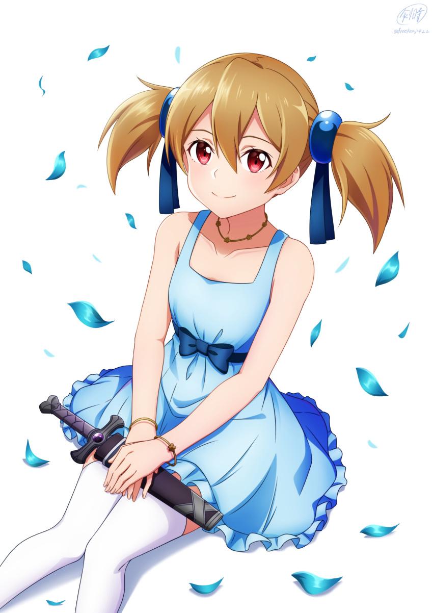 1girl bangs bare_arms blue_dress blue_ribbon bracelet brown_hair closed_mouth collarbone dress hair_between_eyes hair_ribbon highres jewelry ken-ji long_hair necklace petals red_eyes ribbon sheath sheathed shiny shiny_hair short_dress silica sitting sleeveless sleeveless_dress smile solo sword_art_online thighhighs twintails twitter_username weapon white_background white_thighhighs zettai_ryouiki