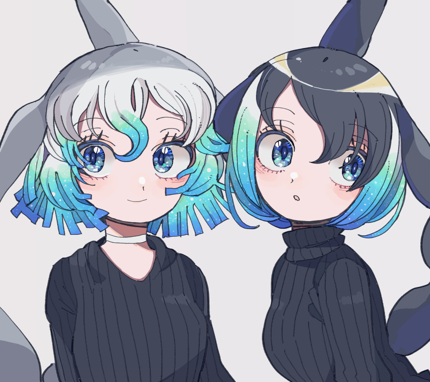 2girls absurdres alternate_costume black_hair black_sweater blonde_hair blowhole blue_eyes blue_hair cetacean_tail choker common_bottlenose_dolphin_(kemono_friends) common_dolphin_(kemono_friends) dolphin_girl dorsal_fin grey_hair hair_between_eyes highres kanmoku-san kemono_friends long_sleeves matching_outfit multicolored_hair multiple_girls short_hair sweater turtleneck turtleneck_sweater v-neck white_choker white_hair