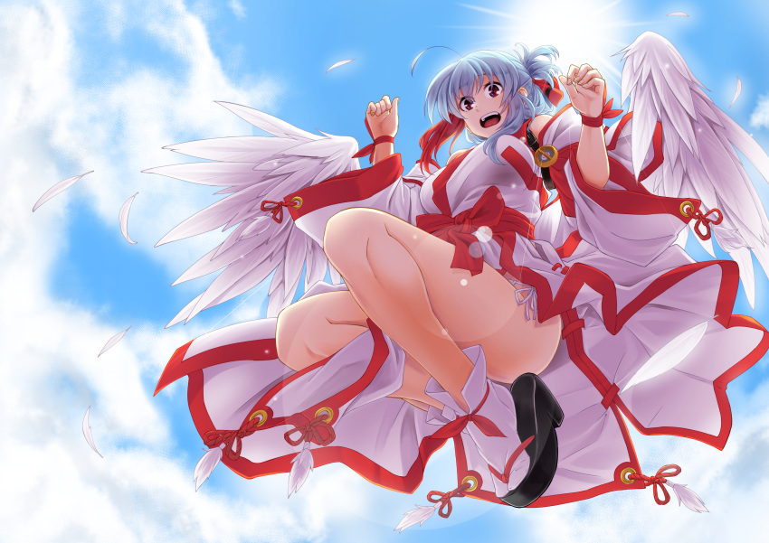 1girl absurdres ahoge blue_hair bow detached_sleeves feathers highres japanese_clothes kawajuu looking_at_viewer miko original red_bow sandals solo wide_sleeves wings