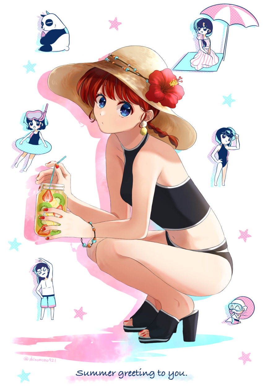 1girl bangs bare_arms bikini black_bikini blue_eyes bracelet braid braided_ponytail character_request drinking_straw eating flower from_side full_body hat hat_flower hibiscus highres jewelry looking_at_viewer medium_hair midriff nail_polish navel ponytail ranma-chan ranma_1/2 red_flower red_hair red_nails saotome_genma_(panda) shinomono921 shiny shiny_hair sleeveless solo squatting stomach straw_hat sun_hat swimsuit tendou_akane tendou_souun toenail_polish toenails twitter_username white_background