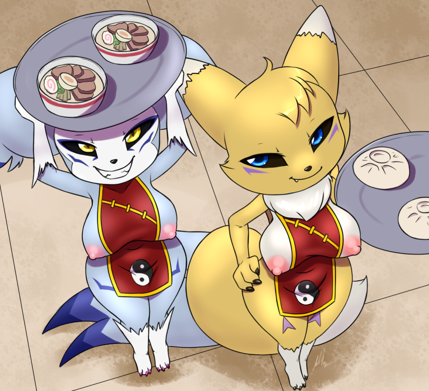 arms_above_head asian_clothing bandai_namco breasts chinese_clothing clothed clothing cute_fangs dark_sclera digimon digimon_(species) dumplings duo east_asian_clothing facial_markings female floor food furball_(artist) garurumon grin hand_on_hip head_markings holding_food holding_object hybrid impmon jeina_garurimpmon_(character) looking_up markings neck_tuft noodles platter ramen renamon short_stack skimpy smile smirk tile tile_floor tuft yakizu_asaki yin_yang