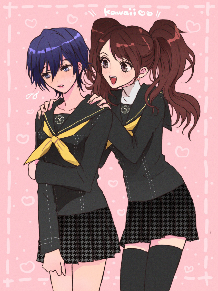 2girls bangs blue_eyes blue_hair brown_eyes brown_hair collarbone grabbing_own_arm hands_on_another's_shoulders highres kujikawa_rise long_hair looking_to_the_side multiple_girls official_alternate_costume open_mouth oui_zen parted persona persona_4 school_uniform shirogane_naoto short_hair smile swept_bangs thighhighs thighs twintails yasogami_school_uniform