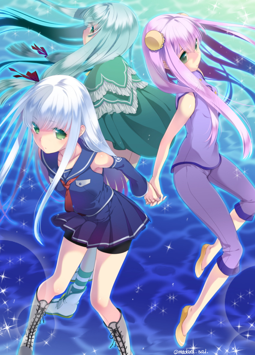 3girls absurdres aoki_hagane_no_arpeggio bangs blue_hair blunt_bangs boots chinese_clothes detached_sleeves double_bun dress frilled_dress frills green_eyes green_hair hair_bun highres i-400_(aoki_hagane_no_arpeggio) i-402_(aoki_hagane_no_arpeggio) iona light_blue_hair long_hair madara_sai multiple_girls necktie purple_hair red_necktie school_uniform serafuku shoes skirt standing