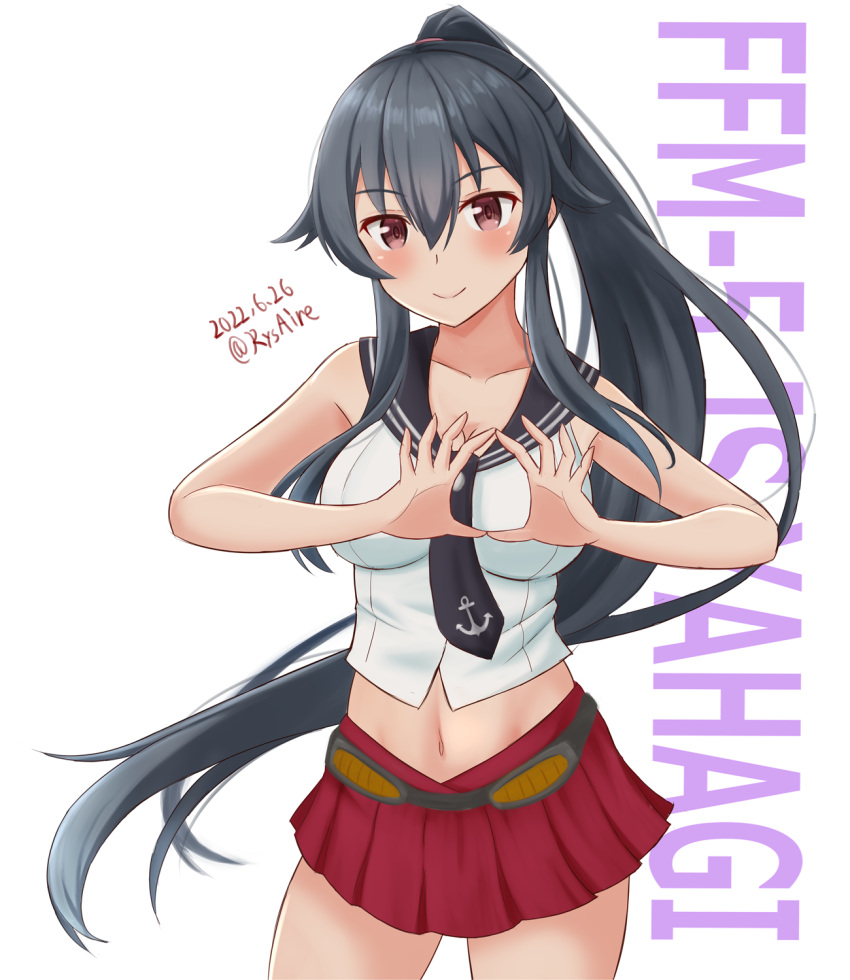 1girl ame-san belt black_hair blush breasts character_name cropped_shirt hair_between_eyes heart heart_hands highres kantai_collection long_hair looking_at_viewer medium_breasts midriff miniskirt navel necktie ponytail red_eyes red_skirt school_uniform serafuku shirt sidelocks skirt sleeveless sleeveless_shirt smile solo thighs twitter_username white_background white_shirt yahagi_(kancolle)