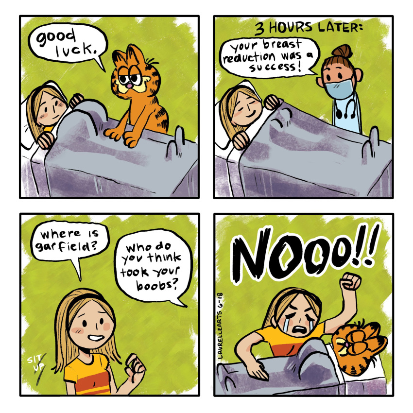 anthro bed big_breasts blonde_hair bodily_fluids breast_reduction breasts crying dialogue doctor domestic_cat duo english_text face_mask felid feline felis female fur furniture garfield_(series) garfield_the_cat hair hi_res human humor male mammal mask nooooo orange_body orange_fur silkentine speech_bubble tears text white_body white_skin
