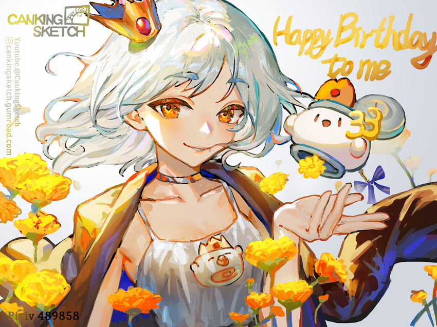 1girl brown_eyes brown_jacket camisole canking collarbone commentary_request crown gradient gradient_background grey_background grey_hair hand_up happy_birthday jacket jacket_on_shoulders looking_at_viewer mini_crown original parted_lips pixiv_id short_eyebrows smile solo thick_eyebrows tilted_headwear watermark web_address white_background white_camisole