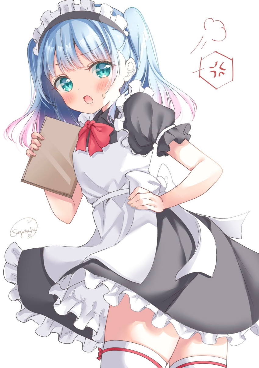 1girl blue_eyes blue_hair blush green_eyes highres holding looking_at_viewer maid maid_headdress medium_hair open_mouth original pink_hair ribbon short_hair simple_background skirt solo sugutsuka_rerun thighhighs thighs twintails