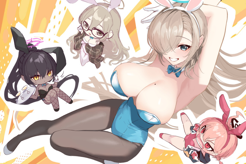 4girls akane_(blue_archive) amano_hagoromo animal_ears arm_up armpits asuna_(blue_archive) bangs bare_arms bare_shoulders black-framed_eyewear black_hair black_leotard blue_archive blue_eyes blue_leotard breasts chibi cleavage commentary_request dark_skin detached_collar fake_animal_ears fishnet_pantyhose fishnets glasses gloves grey_hair grey_pantyhose grin hair_over_one_eye holding holding_tray karin_(blue_archive) large_breasts leotard long_hair looking_at_viewer mole mole_on_breast multiple_girls neru_(blue_archive) pantyhose pink_hair pink_leotard playboy_bunny rabbit_ears red_eyes smile strapless strapless_leotard thighs tray very_long_hair white_gloves yellow_eyes