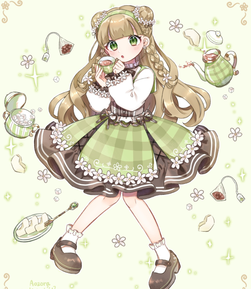 1girl :o bangs blunt_bangs blush braid brown_hair center_frills cross-laced_slit cup double_bun dress flower flower-trimmed_dress flower_trim food fork frilled_socks frills fruit green_eyes hair_bun hair_flower hair_ornament hairband highres holding holding_cup knees_together_feet_apart kohaku_aozora layered_dress long_hair long_sleeves mary_janes neck_ribbon open_mouth original pear plaid plaid_dress plate ribbon shoes socks solo sparkle sugar_bowl sugar_cube tea teabag teacup teapot twin_braids two_side_up very_long_hair