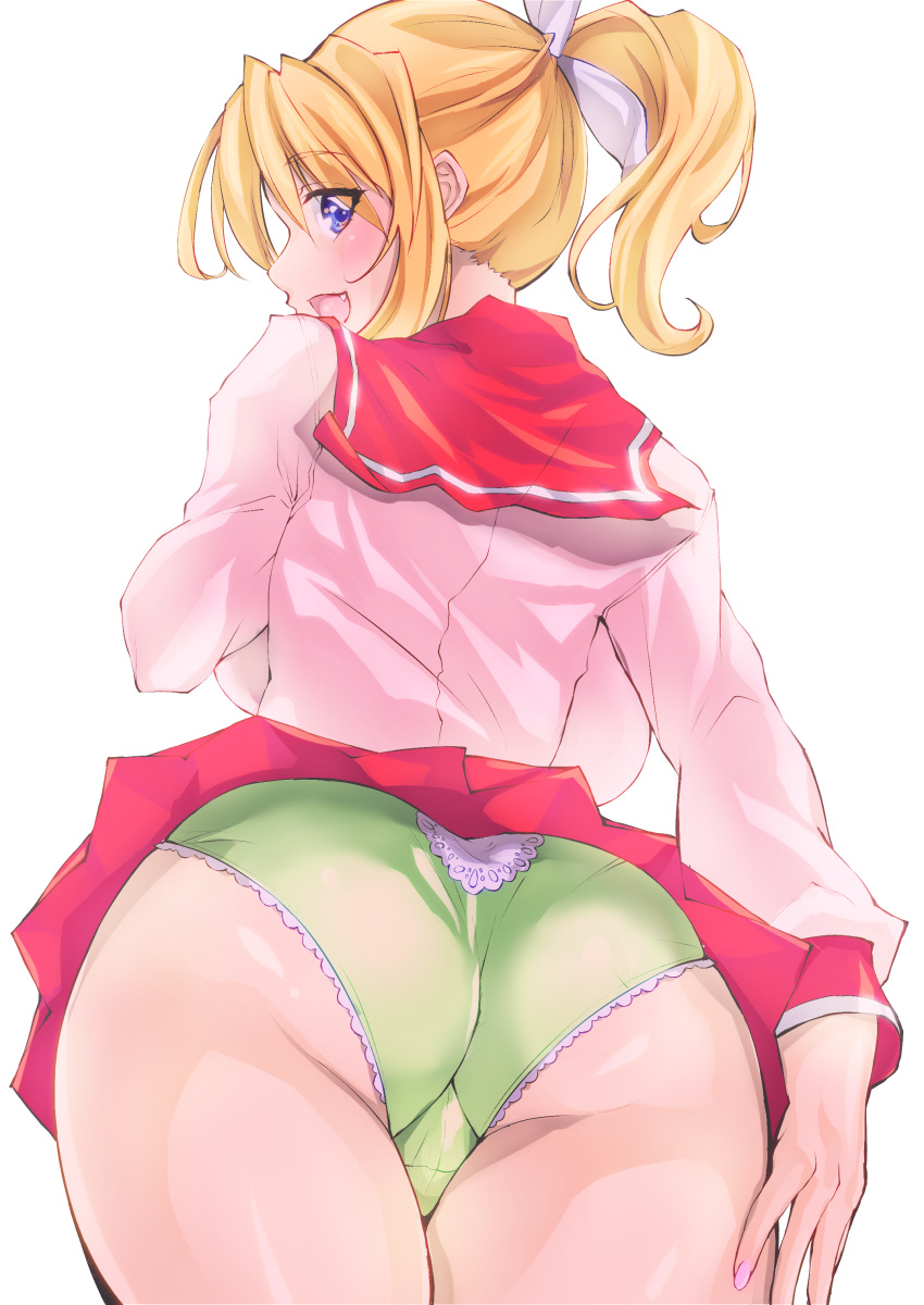 1girl absurdres ass backboob blonde_hair breasts clothes_lift commentary cowboy_shot fang frilled_skirt frills green_panties hair_ornament highres huge_breasts looking_at_viewer looking_back miyauchi_lemmy nail_polish open_mouth panties pink_nails pointy_nose ponytail purple_eyes red_skirt school_uniform simple_background skirt skirt_lift solo thighs to_heart underwear white_background wochi