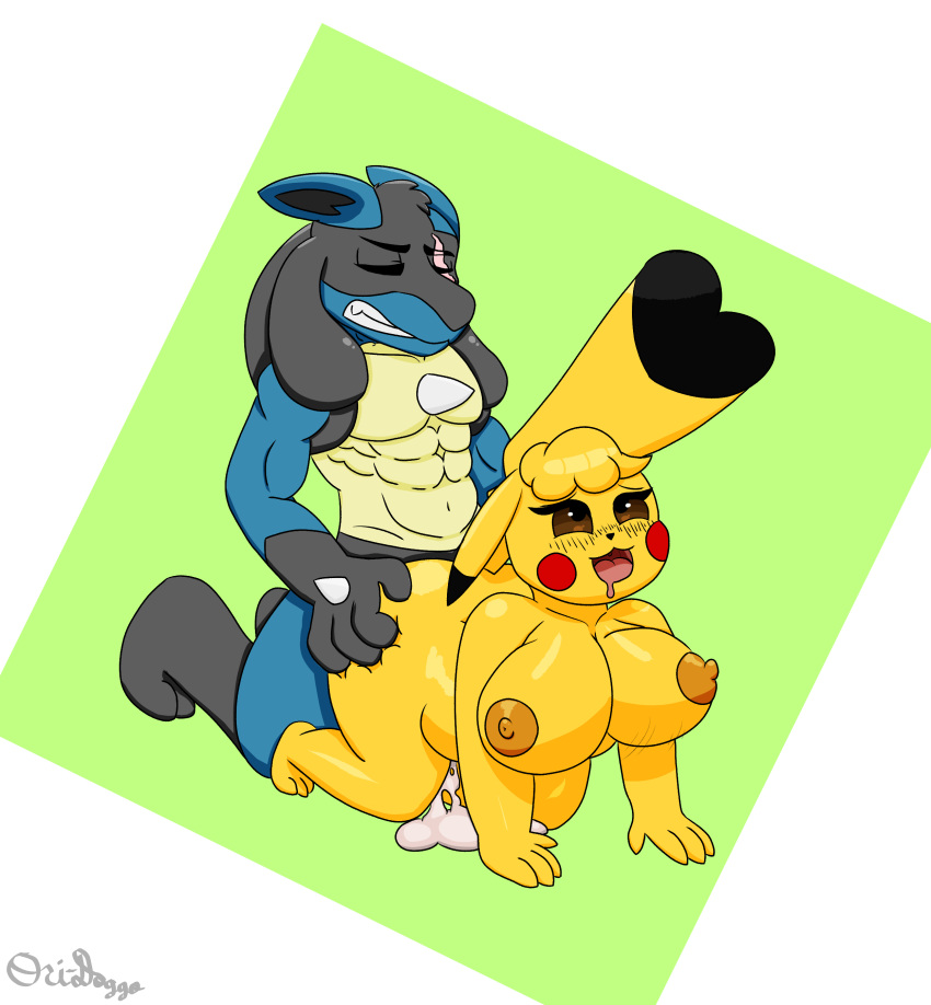 absurd_res anthro big_breasts bodily_fluids bouncing_breasts breasts butt butt_grab clothing cosplay_pikachu_(costume) cum doggystyle duo excessive_cum excessive_genital_fluids fan_character female from_behind_position generation_1_pokemon generation_4_pokemon genital_fluids hand_on_butt hi_res huge_breasts leaking_cum lucario male male/female nintendo orgasm_face ori-doggo penetration pikachu pikachu_libre pokemon pokemon_(species) sex thick_thighs video_games volta_(ori-doggo)