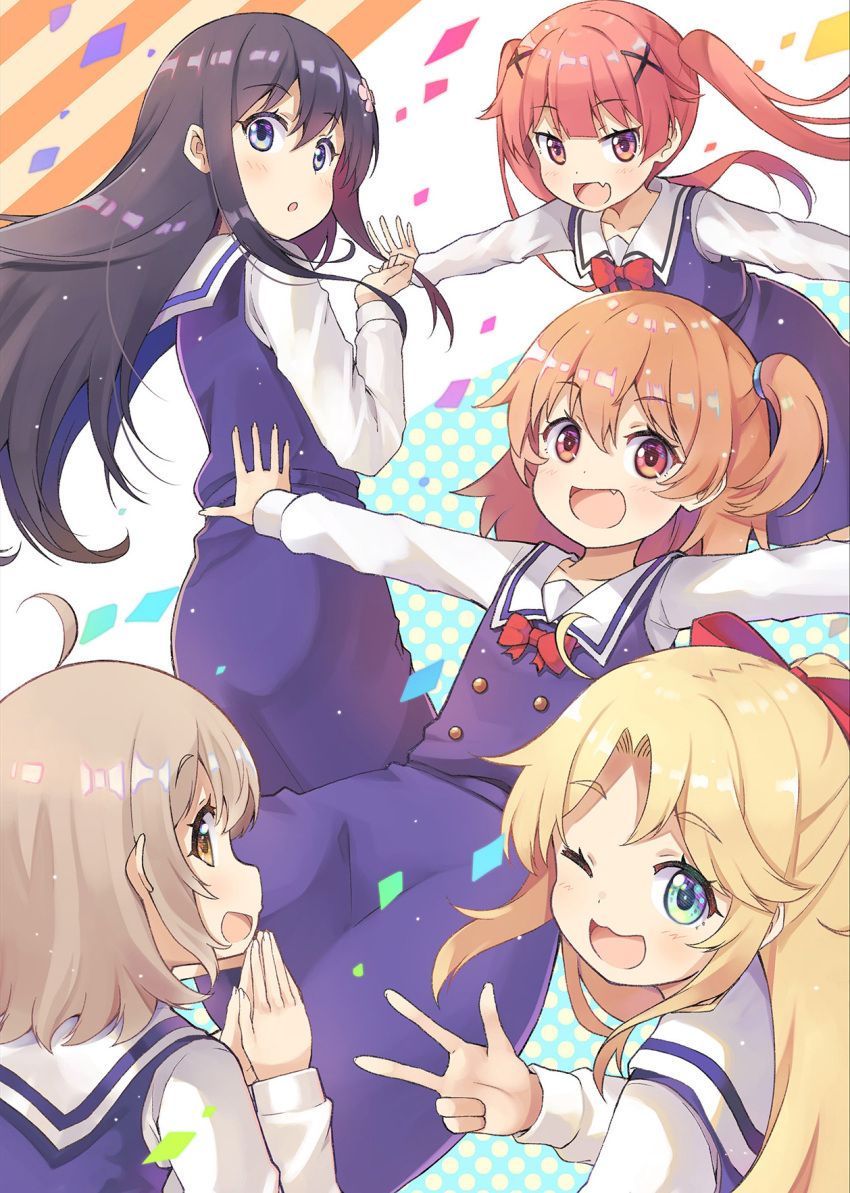 5girls :d :o bangs black_hair blonde_hair blue_dress blue_eyes blunt_bangs brown_eyes brown_hair buttons commentary_request confetti double-breasted dress hair_between_eyes hair_ornament hair_ribbon highres himesaka_noa hoshino_hinata hoshino_miyako_(wataten) konomori_kanon long_hair long_sleeves multiple_girls official_art one_eye_closed open_mouth orange_hair red_eyes red_hair ribbon sailor_collar sailor_dress school_uniform shirosaki_hana shirt side_ponytail smile tanemura_koyori twintails watashi_ni_tenshi_ga_maiorita! white_sailor_collar white_shirt x_hair_ornament