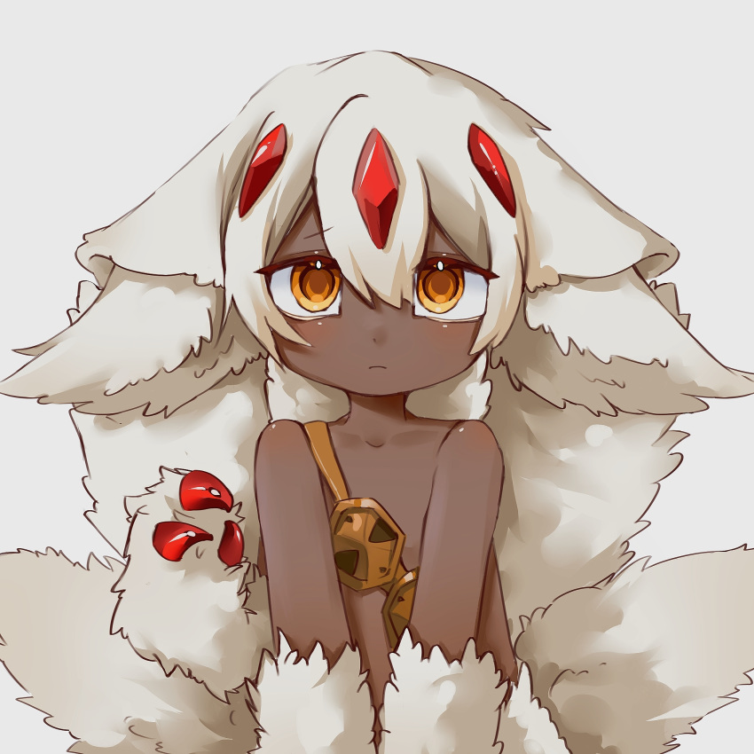 1girl :c animal_ears bangs body_fur claws collarbone dark-skinned_female dark_skin dubian_ai extra_arms faputa fewer_digits frown hand_up highres horns looking_at_viewer made_in_abyss monster_girl multiple_horns multiple_tails red_horns short_hair shoulder_belt simple_background solo straight-on tail upper_body v_arms white_background white_fur white_hair yellow_eyes