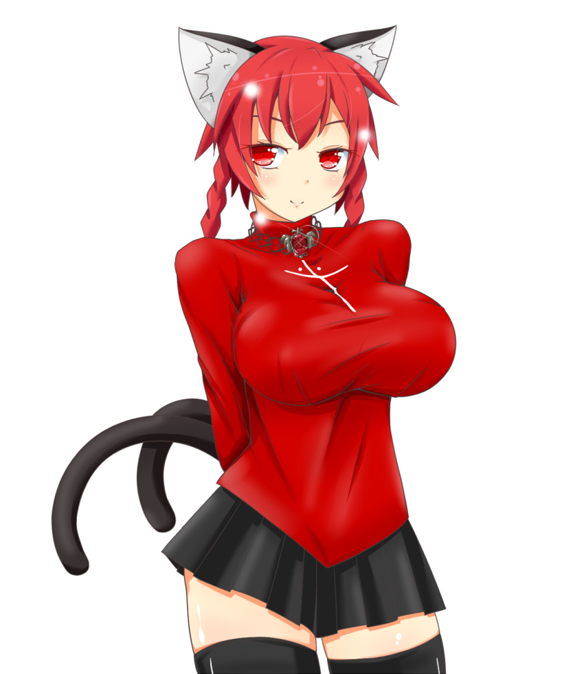 1girl animal_ears braid breasts cat_ears cat_tail contrapposto cosplay highres himenomikan huge_breasts kaenbyou_rin multiple_tails nekomata red_eyes red_hair skirt smile solo tail thighhighs tohsaka_rin tohsaka_rin_(cosplay) touhou twin_braids two_tails zettai_ryouiki