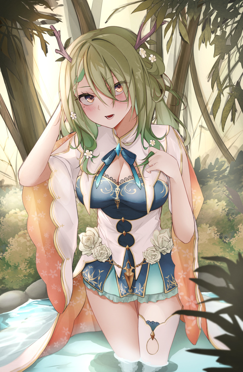 1girl absurdres antlers blush braid braided_bangs branch breasts ceres_fauna cleavage cleavage_cutout clothing_cutout flower forest green_hair hair_over_one_eye hand_in_own_hair highres hololive hololive_english large_breasts leaning_forward long_hair looking_at_viewer mole mole_under_eye nature playing_with_own_hair rose solo takida_185 teeth thighs tree virtual_youtuber wading water white_flower white_rose wide_sleeves