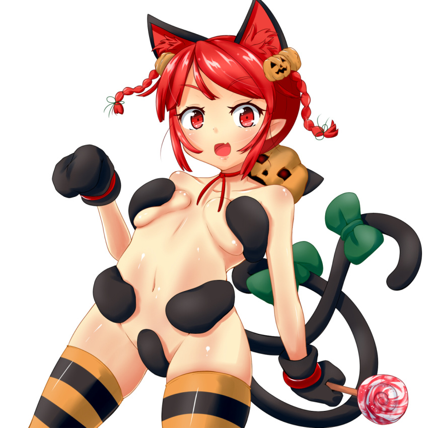 1girl aged_down animal_ears animal_hands bow braid breasts candy cat_ears cat_tail fang food food-themed_hair_ornament gloves hair_ornament halloween highres himenomikan jack-o'-lantern kaenbyou_rin lollipop multiple_tails nekomata pumpkin pumpkin_hair_ornament red_eyes red_hair solo striped swirl_lollipop tail tail_bow tail_ornament thighhighs touhou twin_braids two_tails