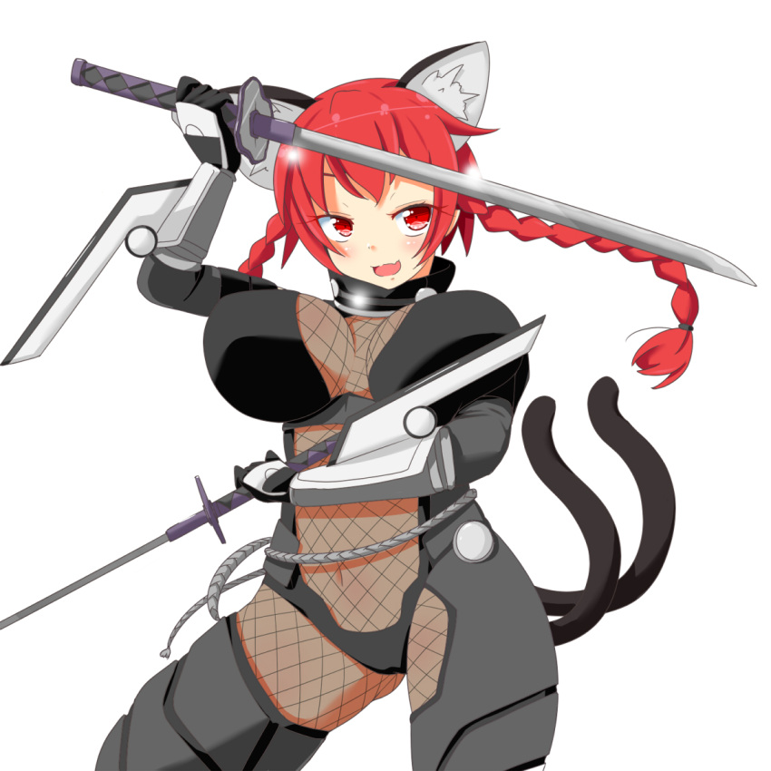 1girl animal_ears bad_anatomy bodysuit braid breasts cat_ears cat_tail contrapposto dual_wielding fang fishnet_bodysuit fishnets highres himenomikan holding kaenbyou_rin long_hair multiple_tails ninja red_hair skin_fang solo sword tail taimanin_suit touhou twin_braids weapon