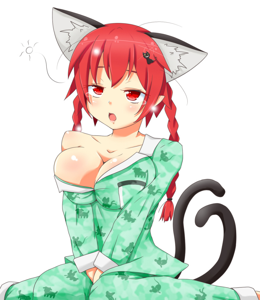 1girl animal_ears bad_anatomy bare_shoulders braid breasts cat_ears cat_tail cleavage floral_print highres himenomikan kaenbyou_rin knees_together_feet_apart large_breasts multiple_tails pajamas red_eyes red_hair shirt sitting solo tail touhou twin_braids wariza