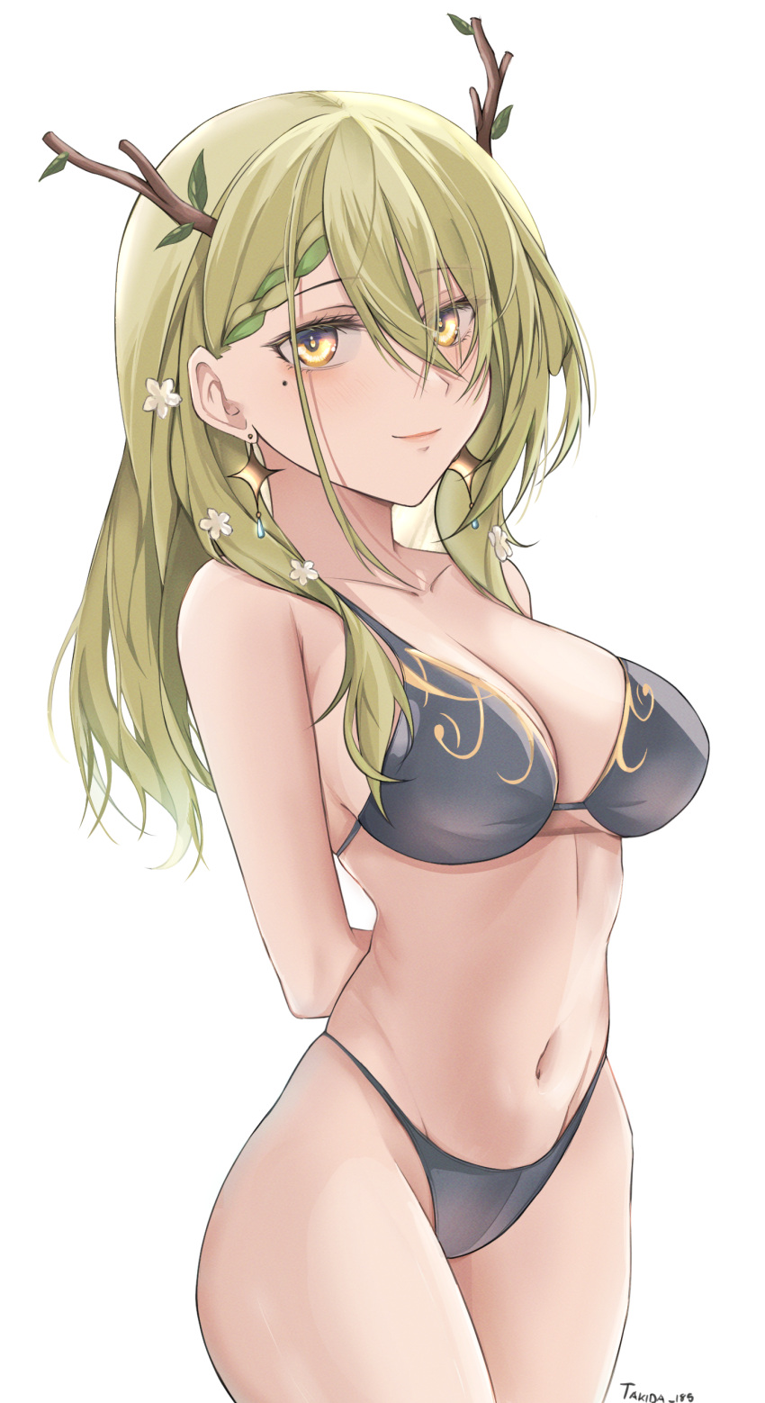 1girl absurdres antlers arms_behind_back artist_name bikini black_bikini braid braided_bangs breasts ceres_fauna earrings flower green_hair hair_between_eyes hair_flower hair_ornament hair_over_one_eye highres hololive hololive_english jewelry large_breasts light_blush light_smile long_hair looking_at_viewer mole mole_under_eye navel smile solo string_bikini swimsuit takida_185 thighs virtual_youtuber yellow_eyes