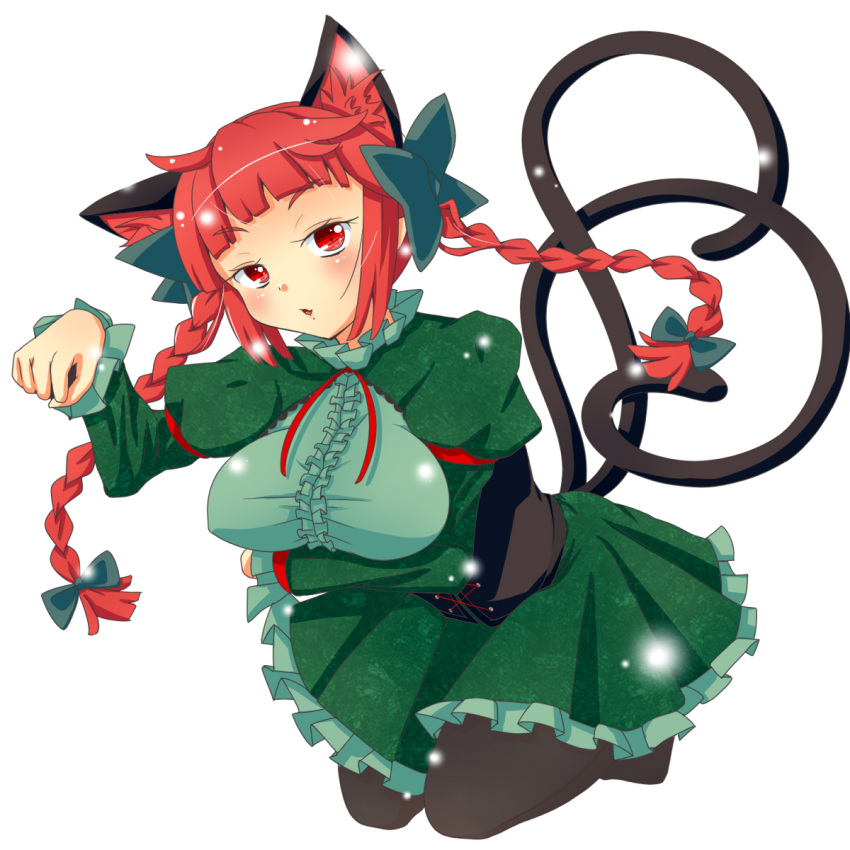 1girl animal_ears bow braid cat_ears cat_tail heart heart_tail highres himenomikan kaenbyou_rin looking_at_viewer multiple_tails nekomata paw_pose red_eyes red_hair simple_background solo tail touhou twin_braids white_background