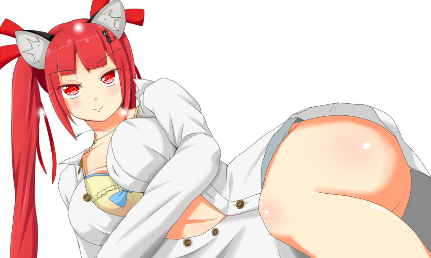 1girl alternate_costume alternate_hairstyle animal_ears blush breasts cat_ears collarbone fang heart heart-shaped_pupils highres himenomikan huge_breasts kaenbyou_rin lying on_side red_eyes red_hair simple_background skin_fang solo symbol-shaped_pupils touhou twintails white_background