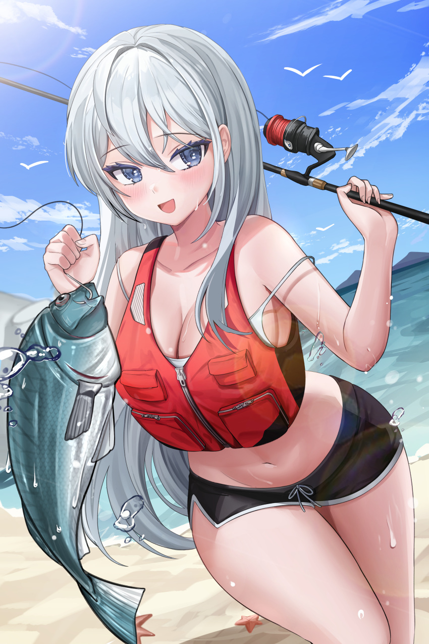 1girl :d absurdres bare_arms bare_shoulders beach black_shorts blue_eyes breasts camisole cleavage collarbone crop_top cropped_vest day dolphin_shorts drawstring dutch_angle fish fishing_rod hands_up highres holding kaho_oco life_vest long_hair looking_at_viewer medium_breasts micro_shorts midriff navel open_mouth original outdoors red_vest shirt short_shorts shorts side_slit sleeveless sleeveless_shirt smile solo spaghetti_strap stomach strap_slip thighs very_long_hair vest water wet white_hair white_shirt