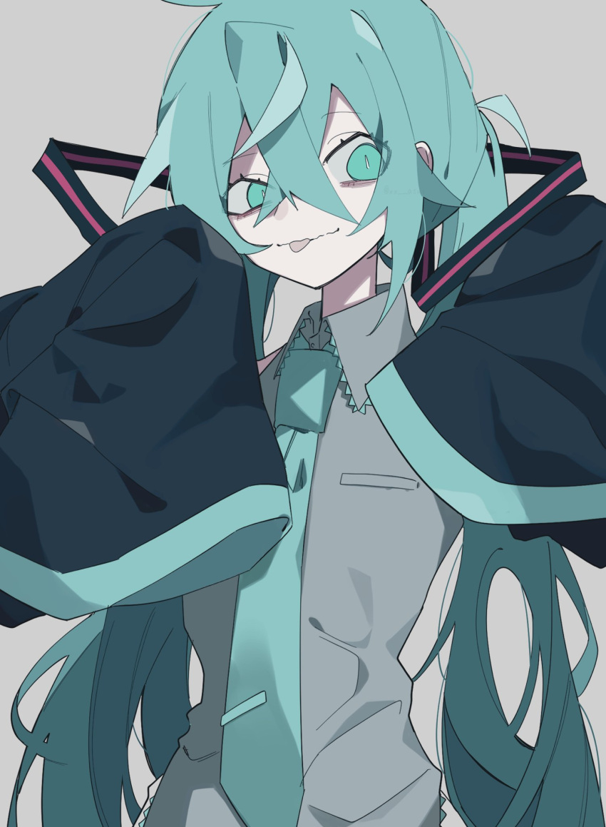 1girl :p aqua_eyes aqua_hair aqua_necktie black_sleeves bright_pupils closed_mouth collared_shirt commentary detached_sleeves grey_background grey_shirt hair_between_eyes hair_ornament hands_up hatsune_miku highres long_hair looking_at_viewer messy_hair necktie shirt simple_background sleeves_past_fingers sleeves_past_wrists slit_pupils solo tongue tongue_out twintails upper_body very_long_hair vocaloid wavy_mouth white_pupils wide_sleeves xx_asui