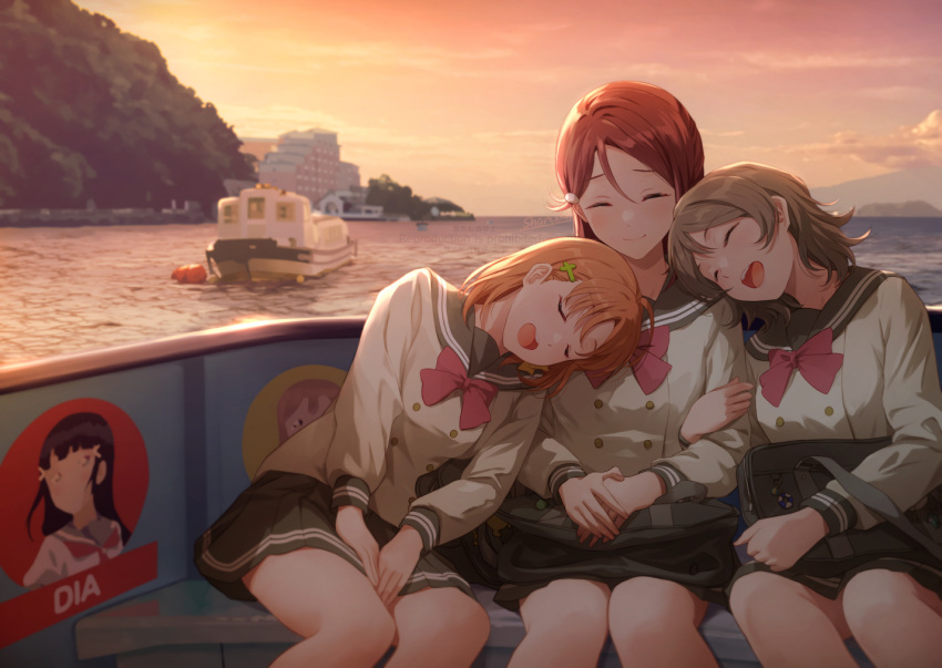 3girls :d ^_^ black_sailor_collar boat bow bowtie brown_hair closed_eyes closed_mouth commentary_request evening grey_skirt hair_ornament hairclip kunikida_hanamaru kurosawa_dia long_sleeves love_live! love_live!_sunshine!! multiple_girls ocean open_mouth orange_hair orange_sky outdoors red_bow red_bowtie red_hair sailor_collar sakurauchi_riko school_uniform shamakho short_hair sitting skirt sky smile takami_chika uranohoshi_school_uniform watanabe_you watercraft