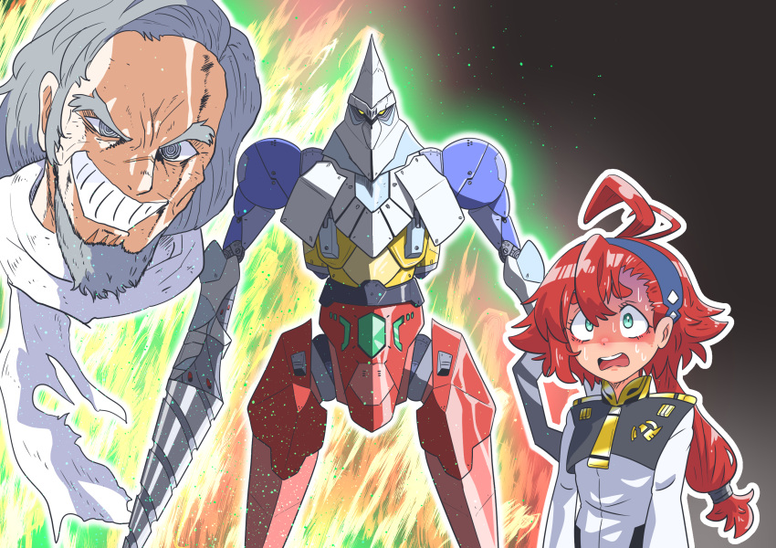 1boy 1girl ahoge aura crazy_eyes delling_rembran doden_3-shiki getter-2 getter_rays getter_robo green_eyes grey_eyes grey_hair grin gundam gundam_suisei_no_majo hairband highres long_hair low-tied_long_hair mecha parody red_hair robot scar scar_on_face scar_on_nose shin_getter_robo smile style_parody suletta_mercury sweat sweating_profusely turn_pale uchida_naoya voice_actor_connection