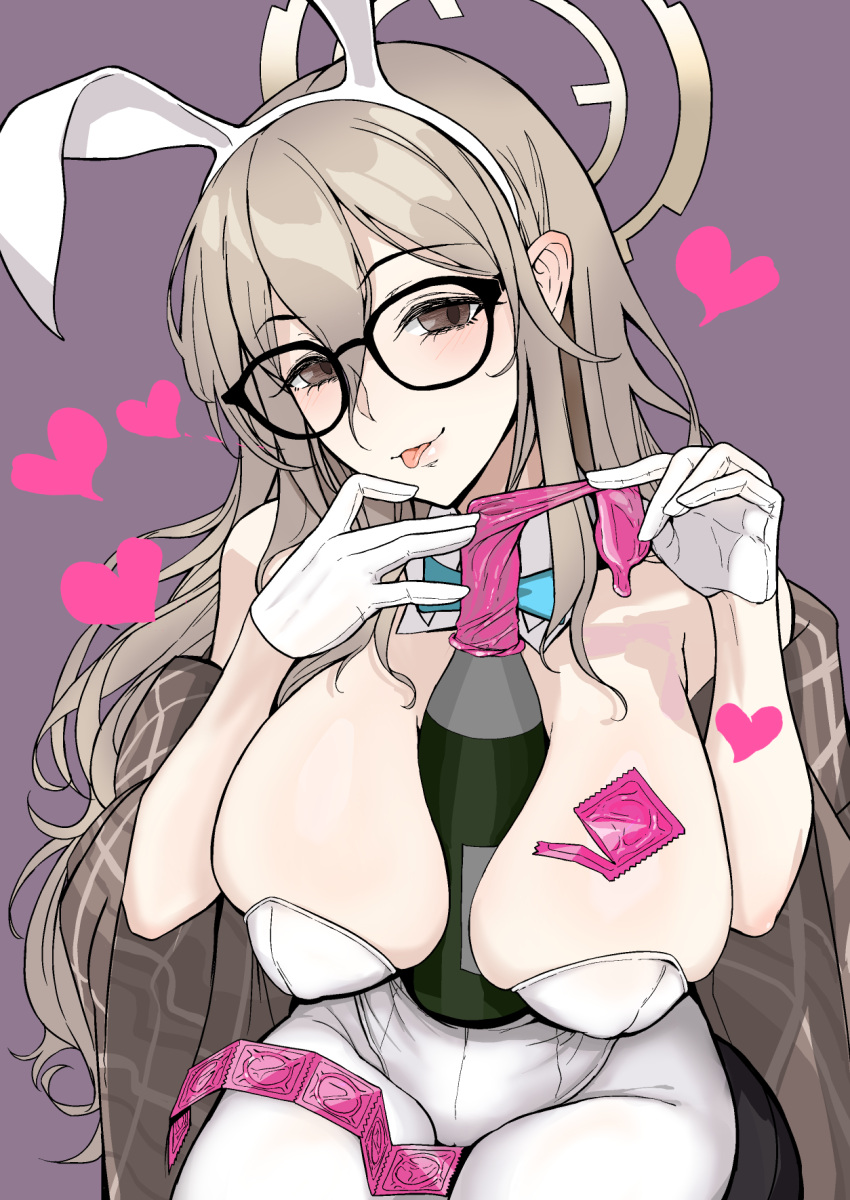 1girl akane_(blue_archive) akane_(bunny)_(blue_archive) alcohol animal_ears bangs between_breasts blue_archive blush bottle breasts brown_hair condom condom_packet_strip condom_wrapper fake_animal_ears glasses gloves hair_between_eyes heart highres holding holding_condom large_breasts long_hair looking_at_viewer mapputatsu_(freewilly) necktie necktie_between_breasts phallic_symbol playboy_bunny rabbit_ears sexually_suggestive simple_background simulated_paizuri smile solo spoken_heart tongue tongue_out very_long_hair white_gloves