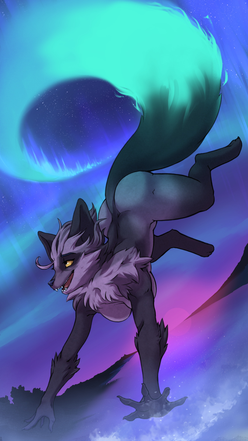 2022 absurd_res anthro aurora_borealis black_body black_ears black_fur black_nose breasts canid canine cheek_tuft detailed_background elbow_tuft facial_tuft featureless_breasts female fur grey_body grey_fur hi_res mammal mythological_canine mythological_fox night nude outside plagueofgripes running sky snow solo star starry_sky tuft tulikettu yellow_sclera